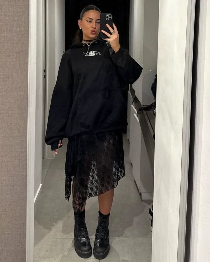 Hoodie, Lace Skirt, and Combat Boots