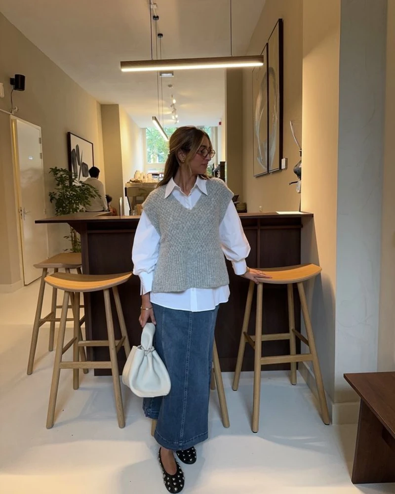 Knit Vest Over a Crisp White Shirt