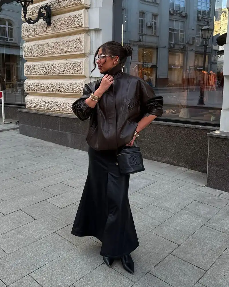 Leather Jacket With a Flared Black Skirt