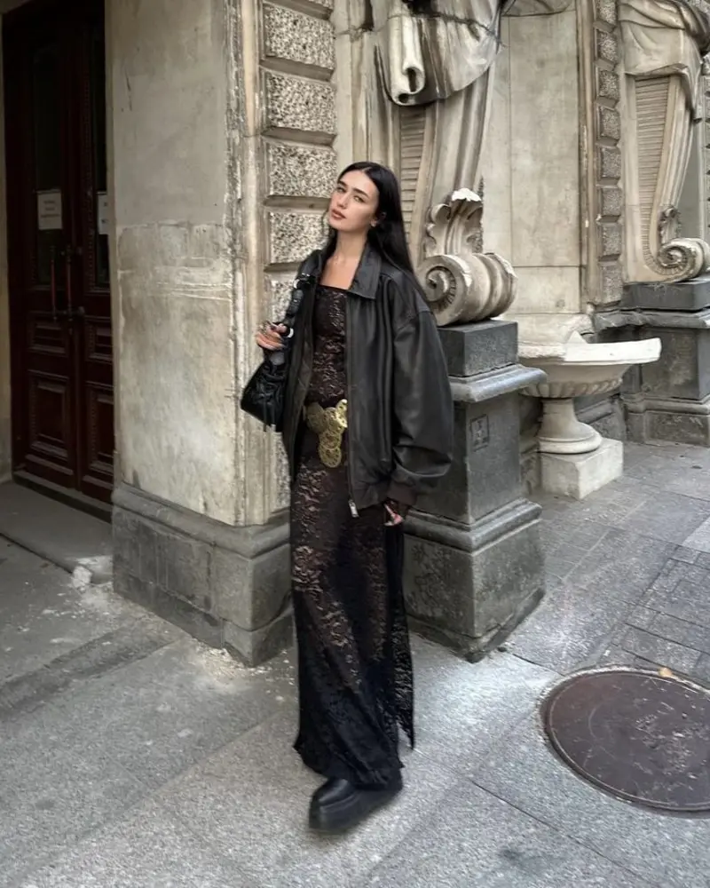 Leather Jacket and Lace Maxi Dress