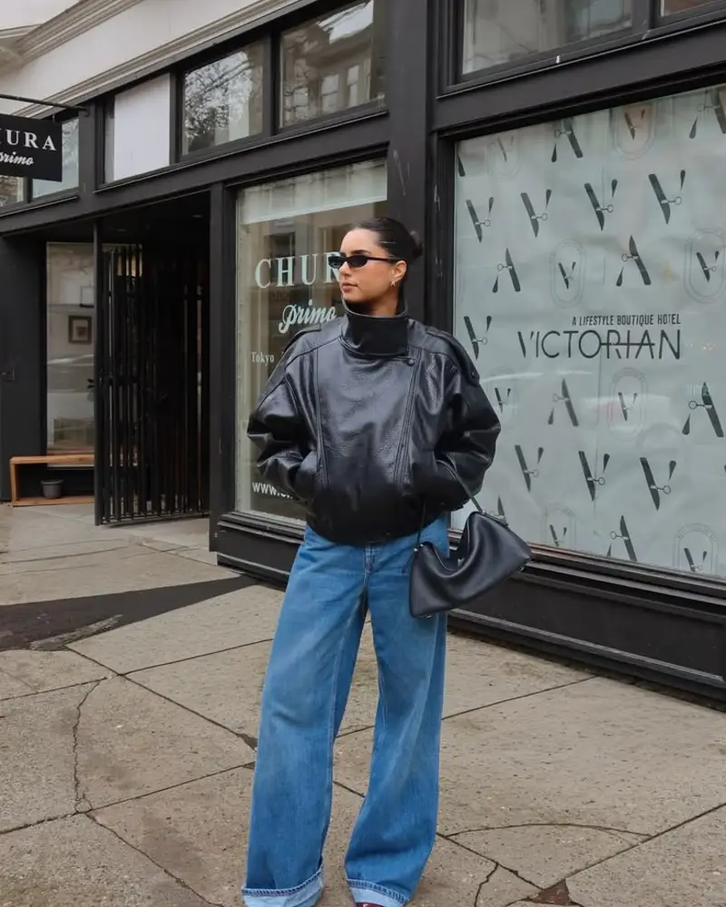 Leather Jacket and Wide-Leg Jeans