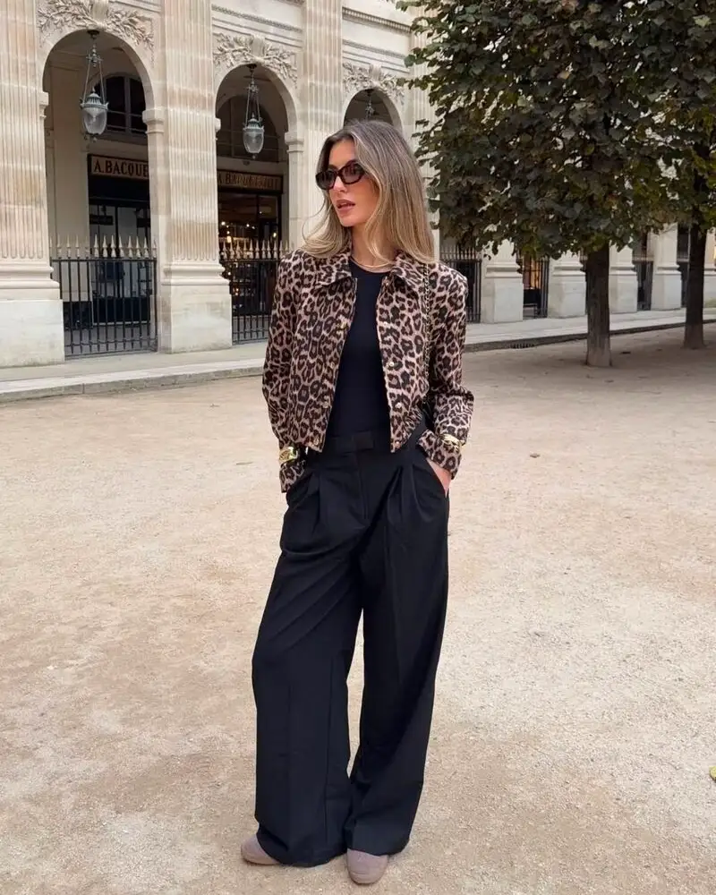  Leopard Print Jacket With Black Wide-Leg Trousers