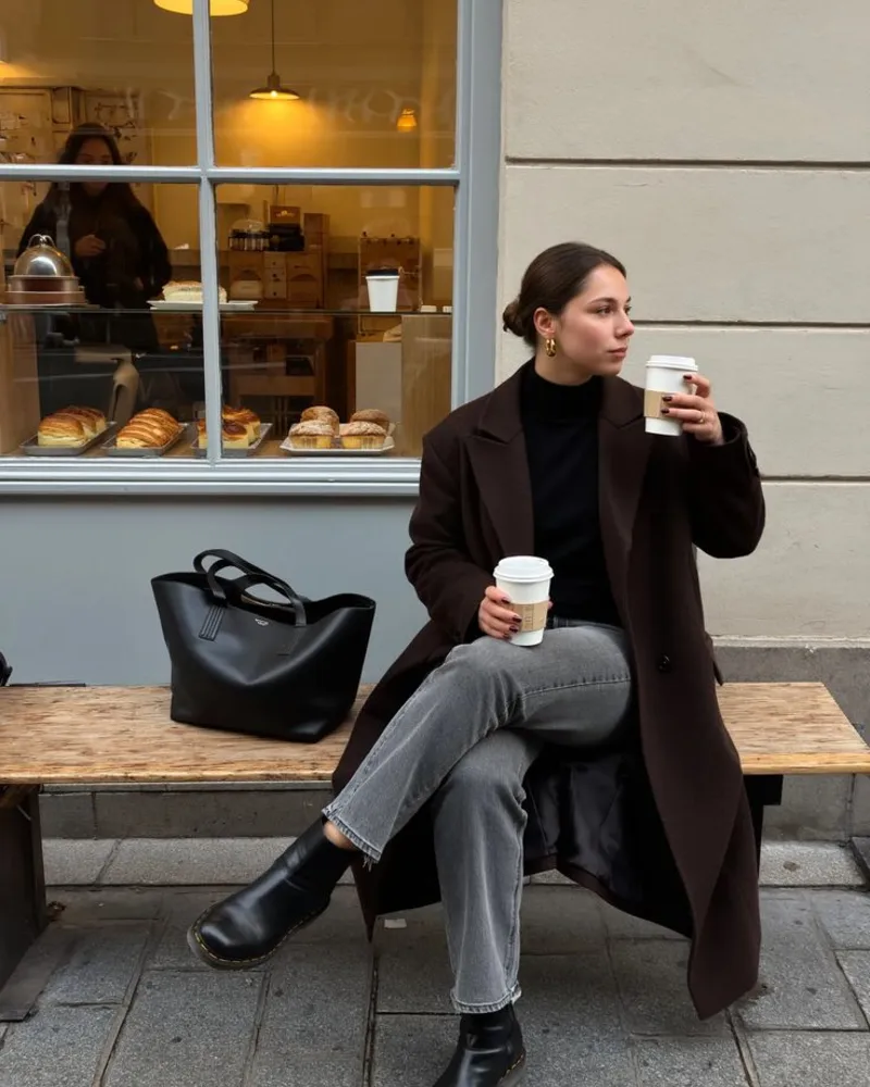 Long Coat, Gray Jeans, and Black Boots