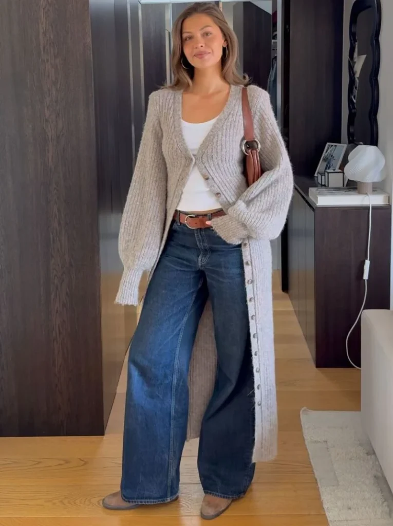 Long Knit Cardigan With Wide-Leg Jeans