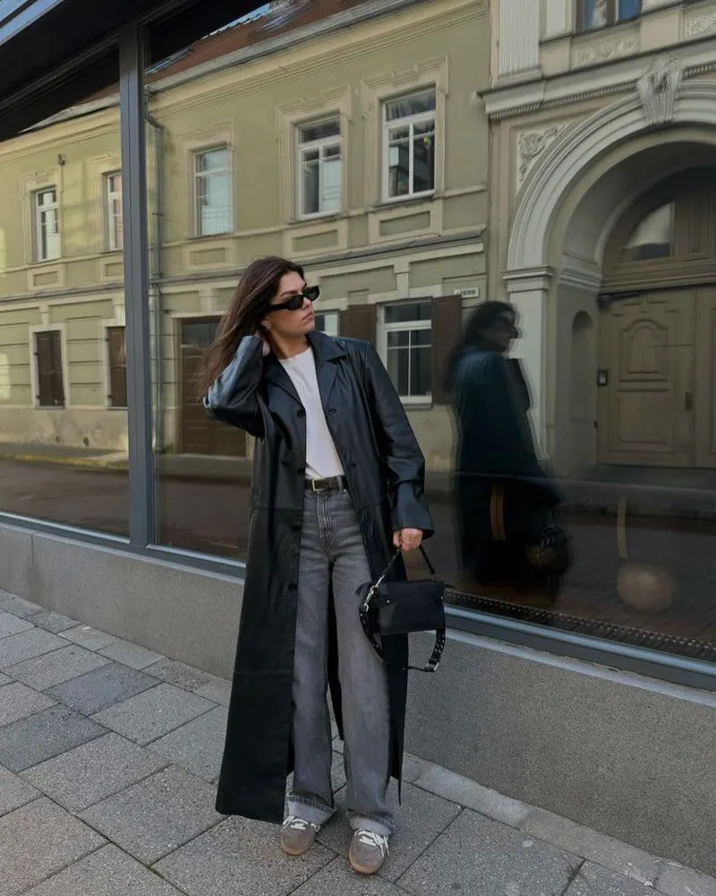 Long Leather Coat With Grey Denim