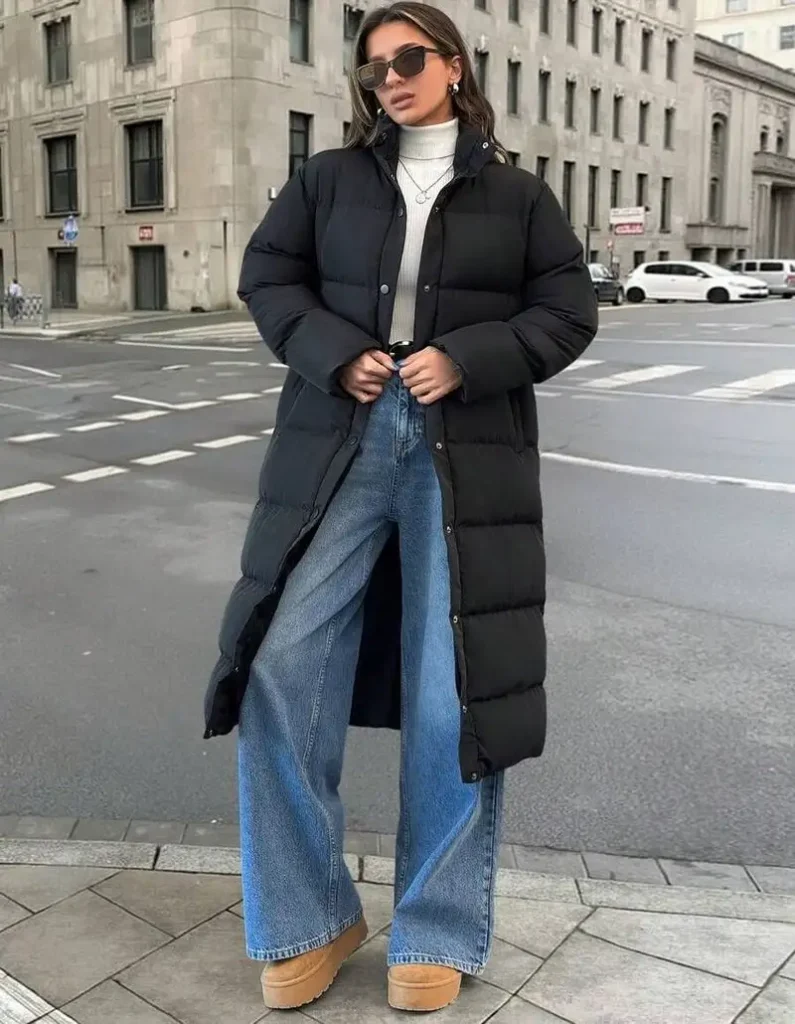 Long Puffer Coat and Wide-Leg Jeans