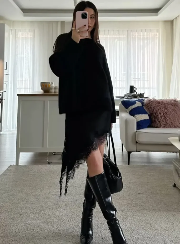 Loose Black Knit With an Asymmetric Lace Skirt