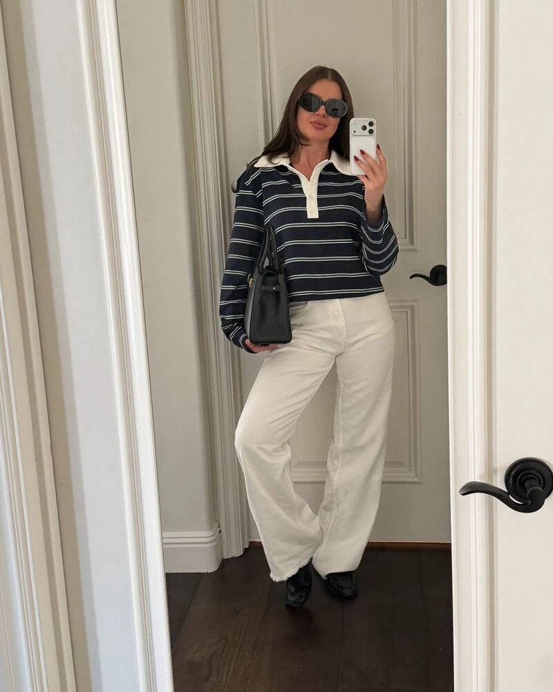Navy Striped Rugby Polo With White Wide-Leg Jeans