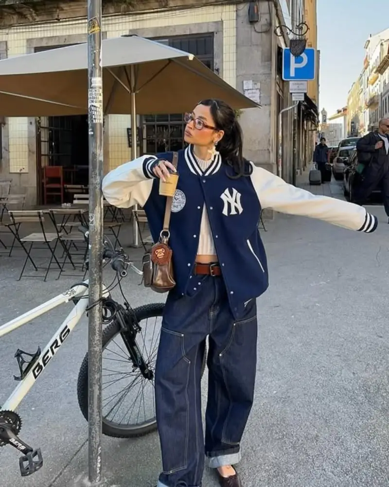 Navy Varsity Jacket With Cuffed Jeans