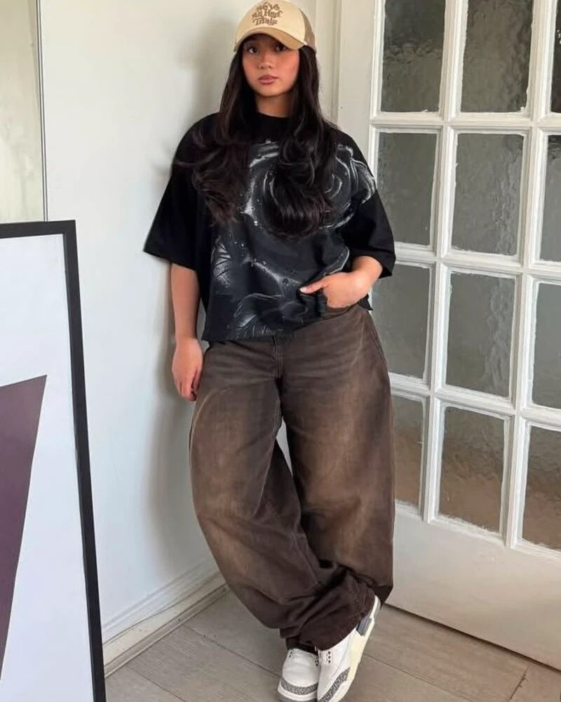 Oversized Graphic Tee With Brown Baggy Jeans