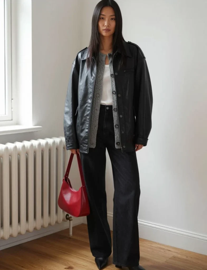 Oversized Leather Layers With a Red Shoulder Bag