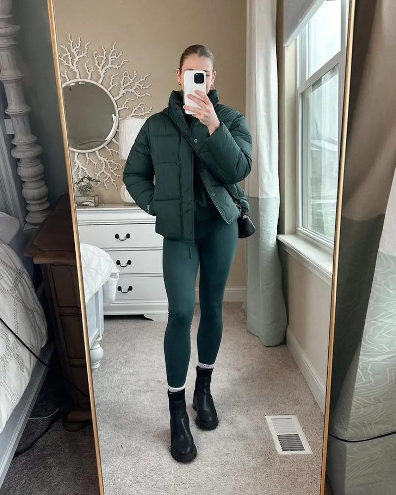 Puffer Jacket, Leggings, and Chunky Boots
