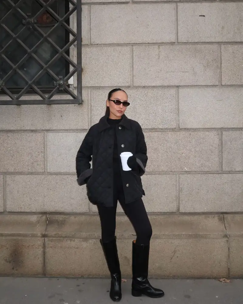 Quilted Jacket, Leggings, and Tall Boots