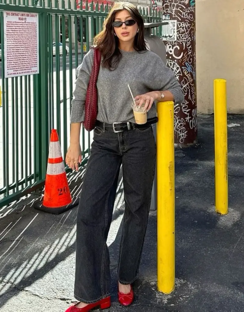 Red Ballet Heels Brighten Gray Knitwear