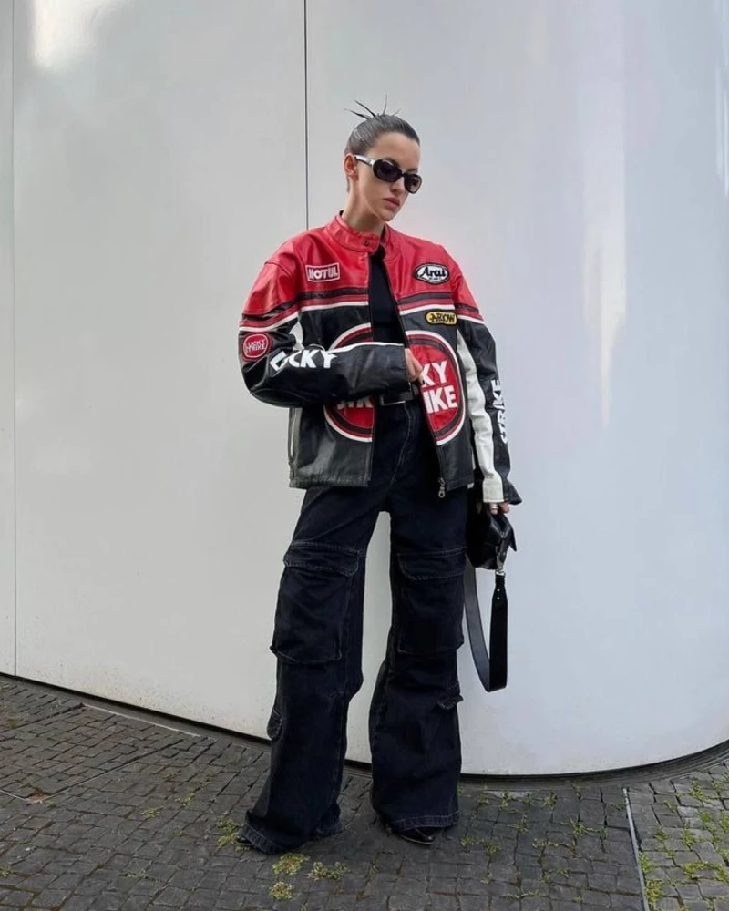 Red Racing Jacket With Black Cargo Pants