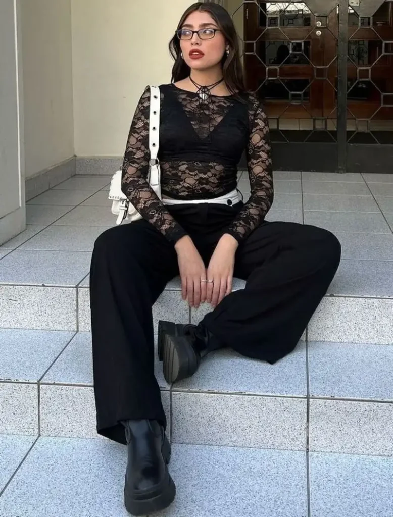 Sheer Lace With Wide-Leg Trousers