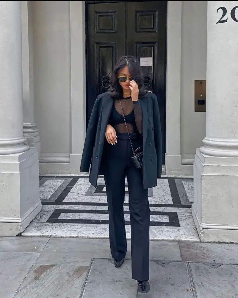 Sheer Mesh Top Under a Tailored Blazer