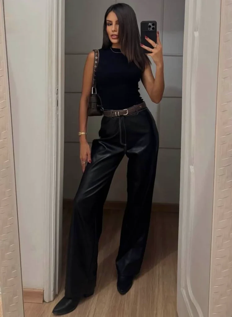 Sleeveless Black Knit With Leather-Look Trousers
