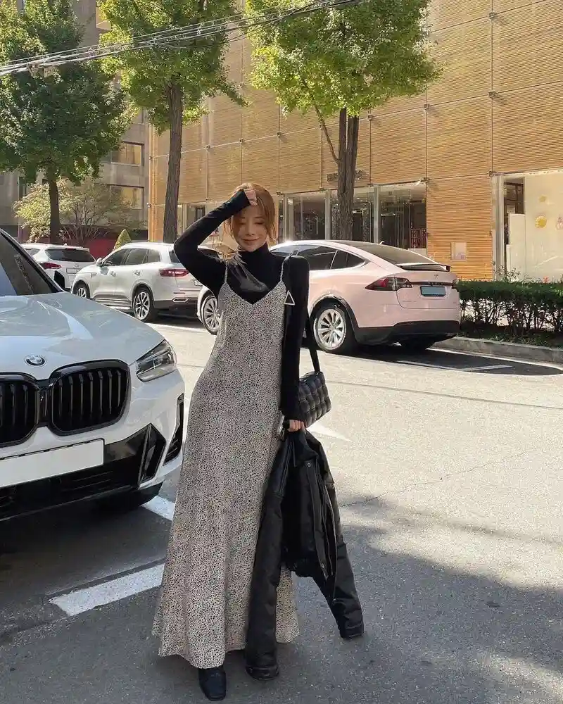 Slip Dress Over a Fitted Turtleneck