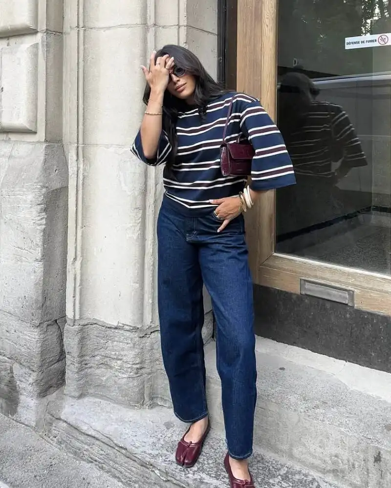 Striped Tee With Dark Barrel Jeans