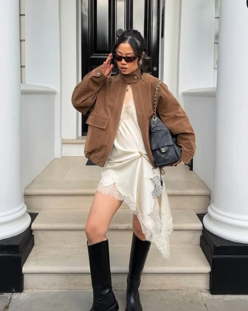Suede Bomber With a Cream Lace Slip Dress