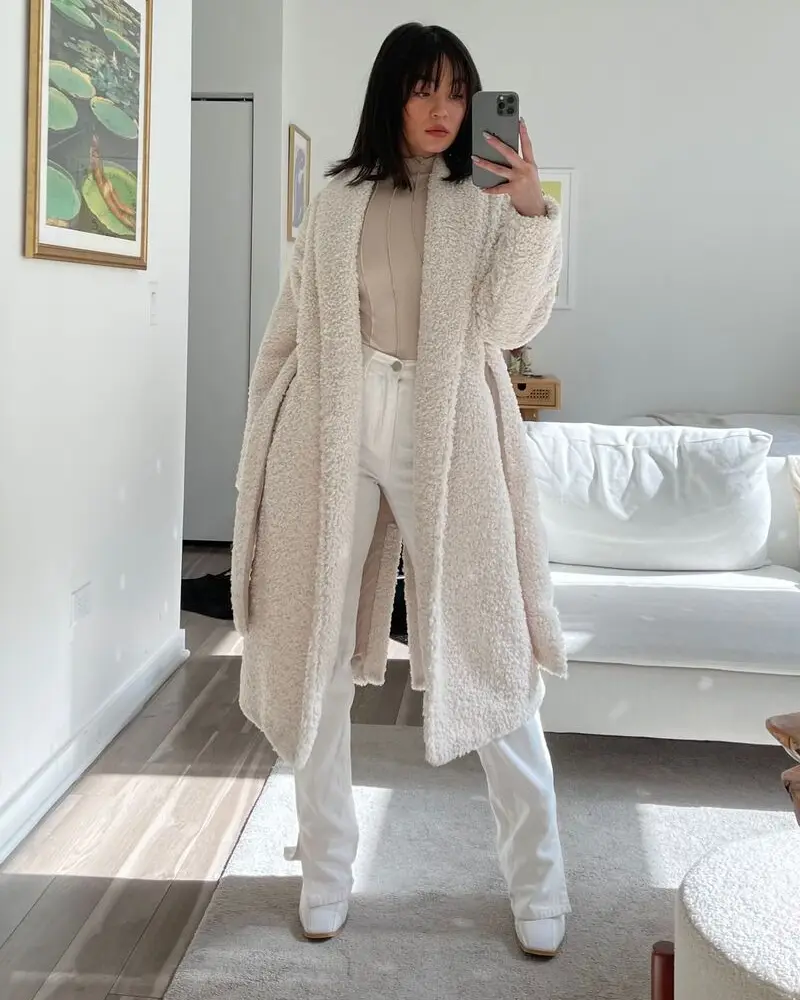 Teddy Coat and White Jeans