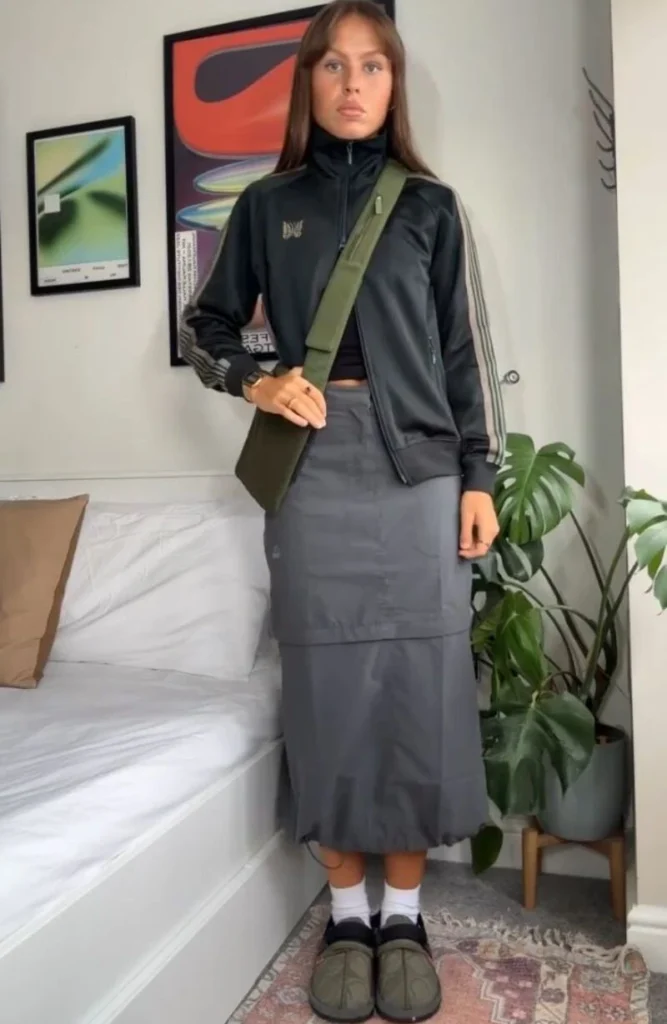 Track Jacket With a Gray Midi Skirt