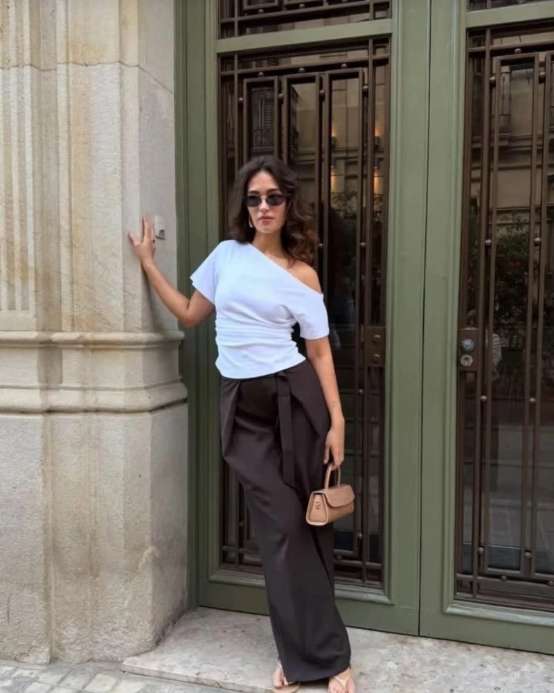 White One-Shoulder Top With Brown Wide-Leg Trousers