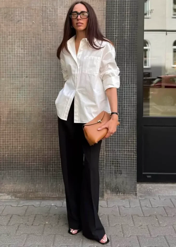  White Poplin Shirt With Black Wide-Leg Trousers